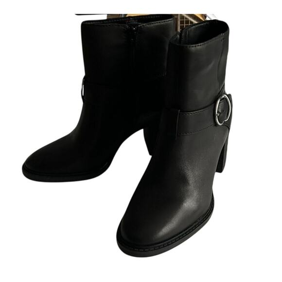 NWT Lucky Brand Block Heel Zipper Black Achelle Leather Bootie Siver Buckle-7.5M - Picture 1 of 15